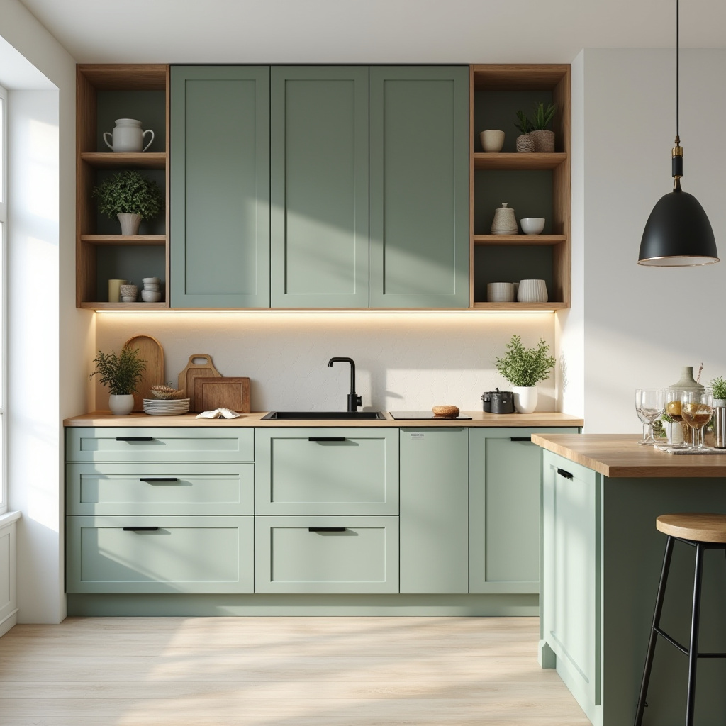 L-shaped sage green kitchen cabinets with open shelving