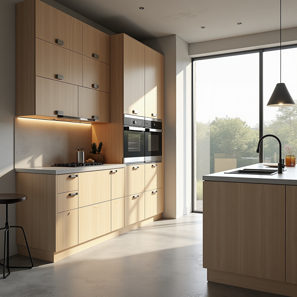 Handleless light birch wood kitchen cabinets