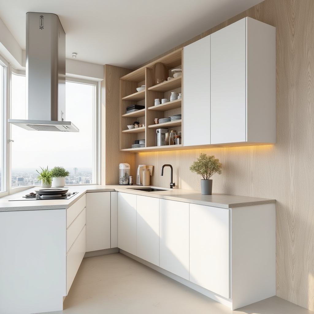 White and ash wood kitchen cabinets with pull-out storage