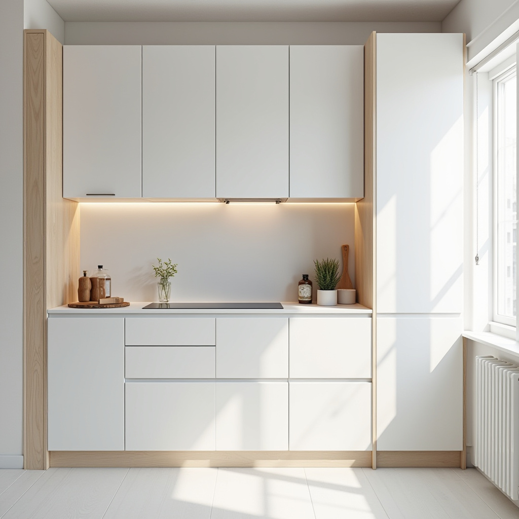 Compact Scandinavian kitchen cabinets in white and ash wood