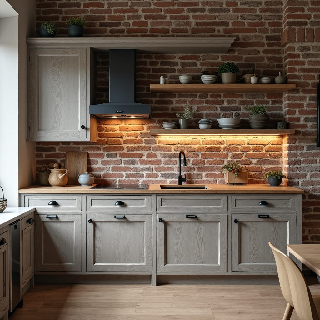 Open shelving and copper accents in rustic kitchen