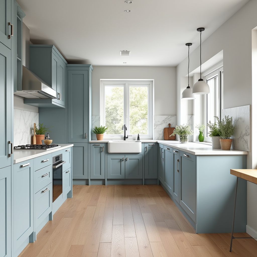 Scandinavian kitchen cabinets in pale blue-grey