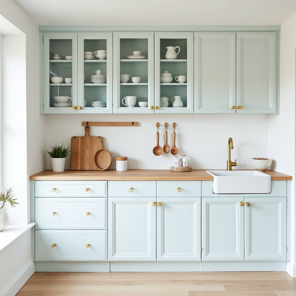 Coastal Scandinavian kitchen cabinets with glass-front units