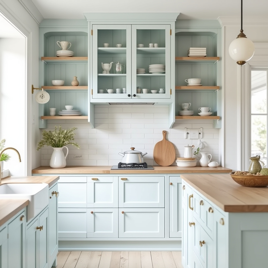 Wooden countertops and brass hardware in coastal kitchen