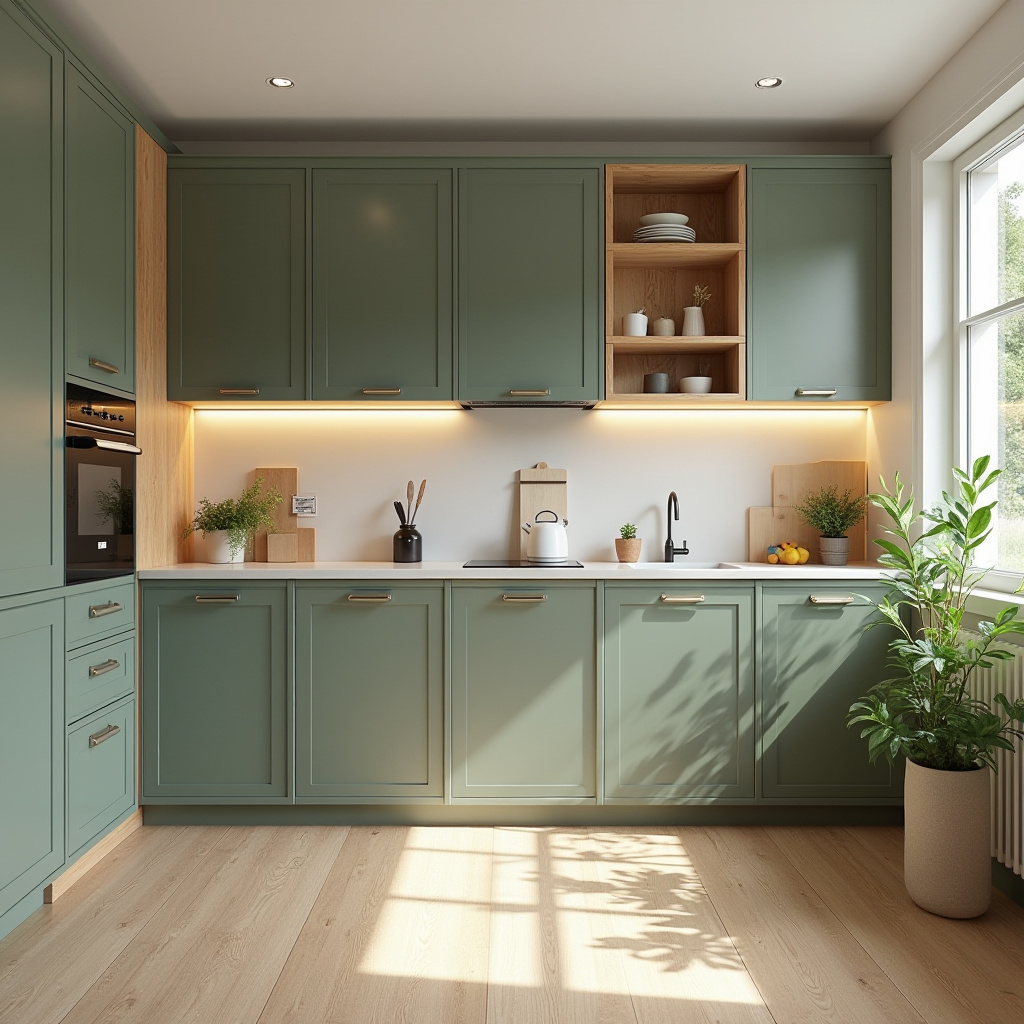 Sustainable Scandinavian kitchen cabinets in muted green with bamboo trim