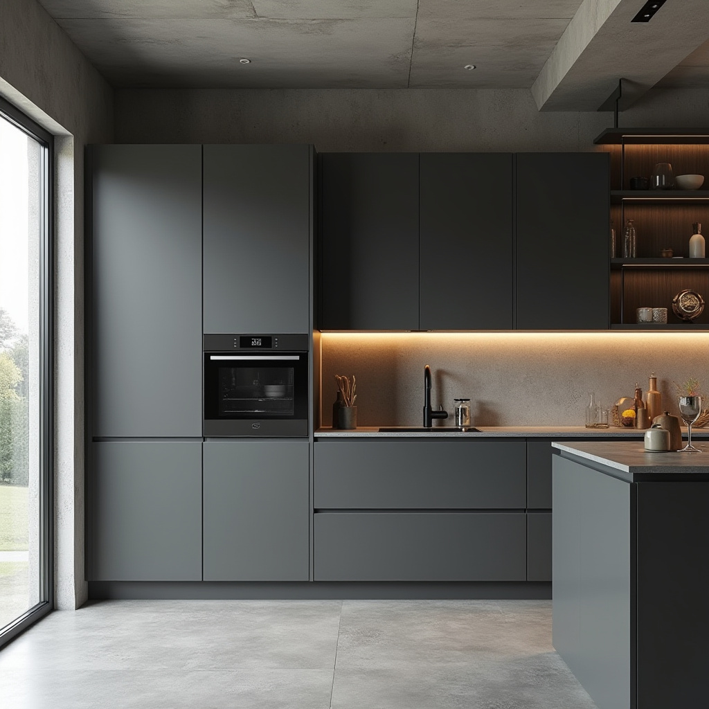 Charcoal grey kitchen cabinets with concrete floors