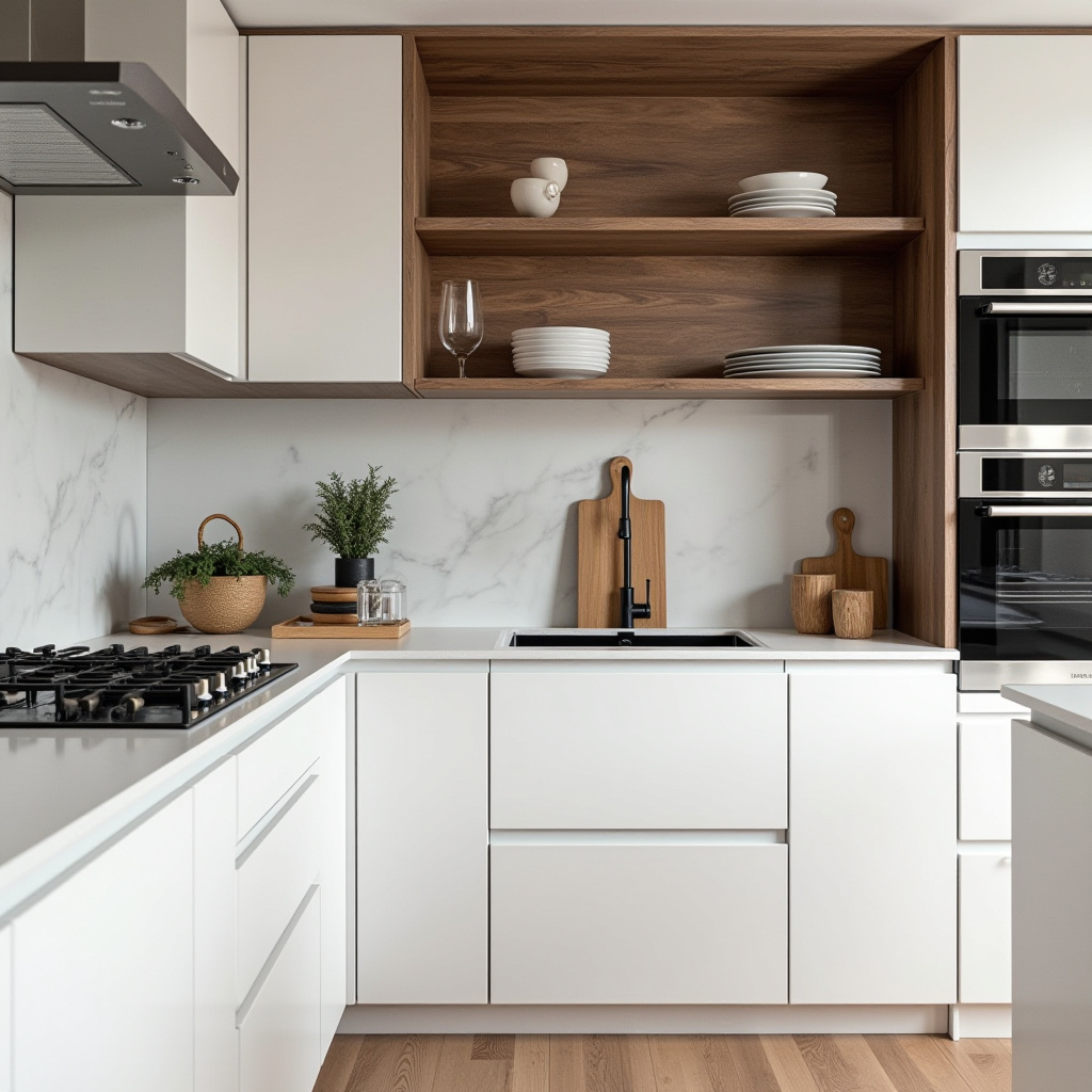 Open shelving and walnut accents in kitchen