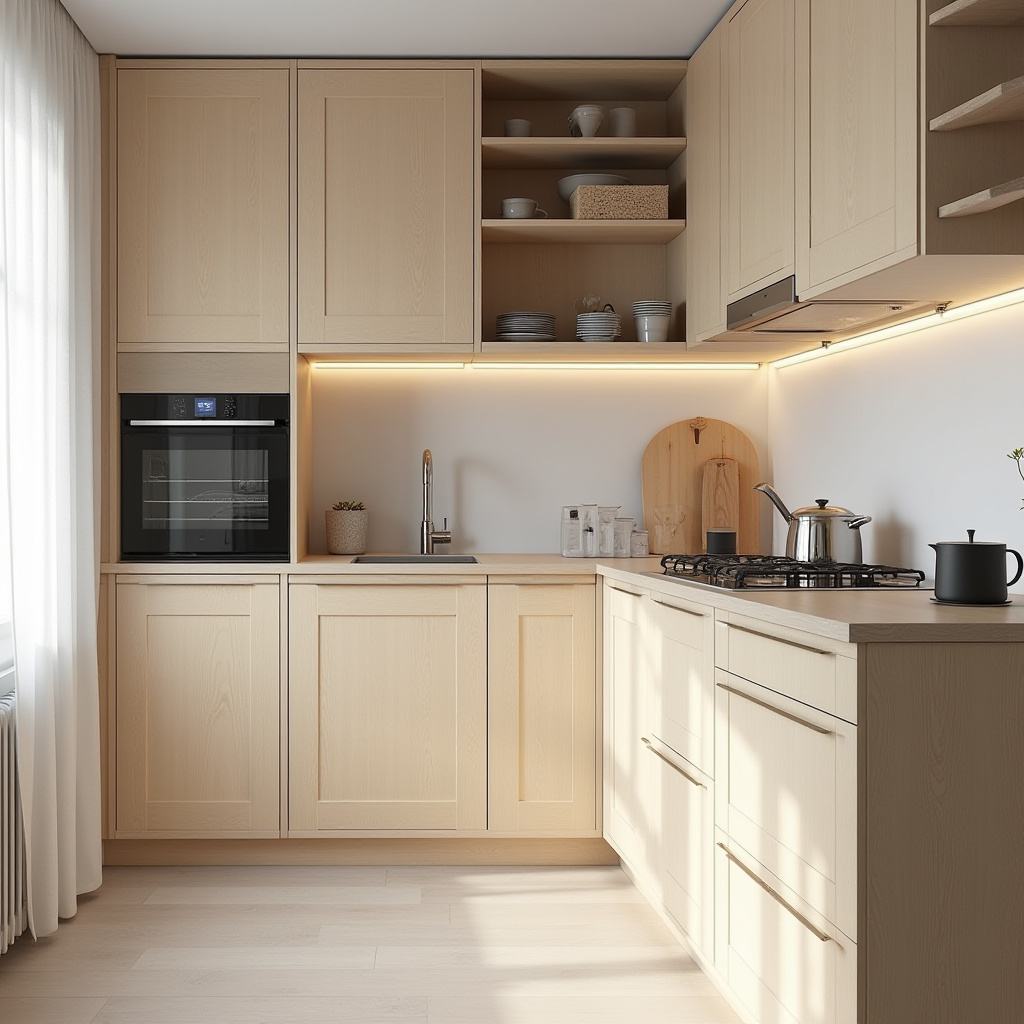 Multifunctional pull-out units in light wood kitchen