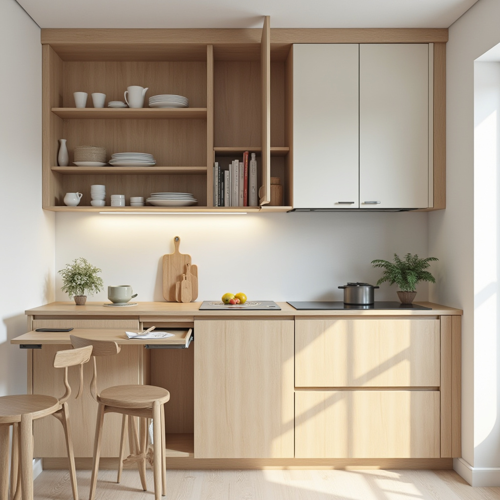 Compact Scandinavian kitchen cabinets in light wood