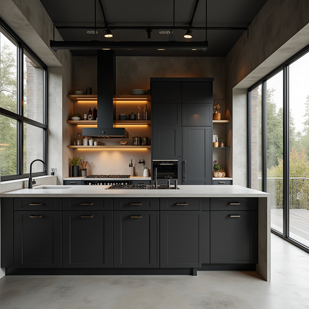 Matte black Scandinavian kitchen cabinets with oak trim