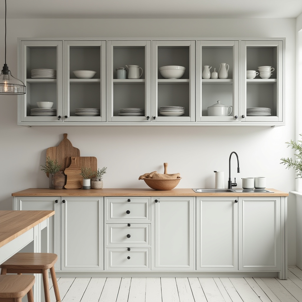 Soft grey kitchen cabinets with wooden countertops