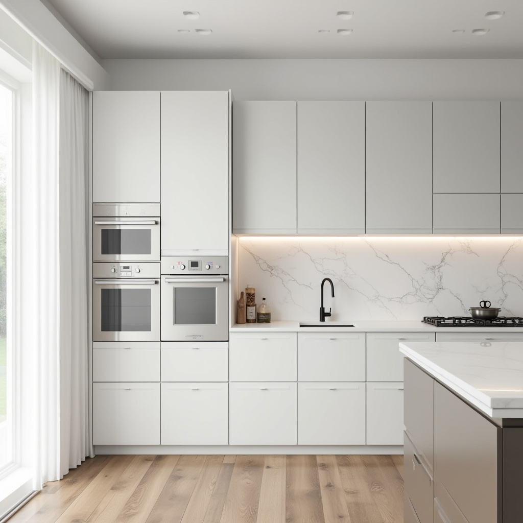 Light grey and white kitchen cabinets with marble backsplash