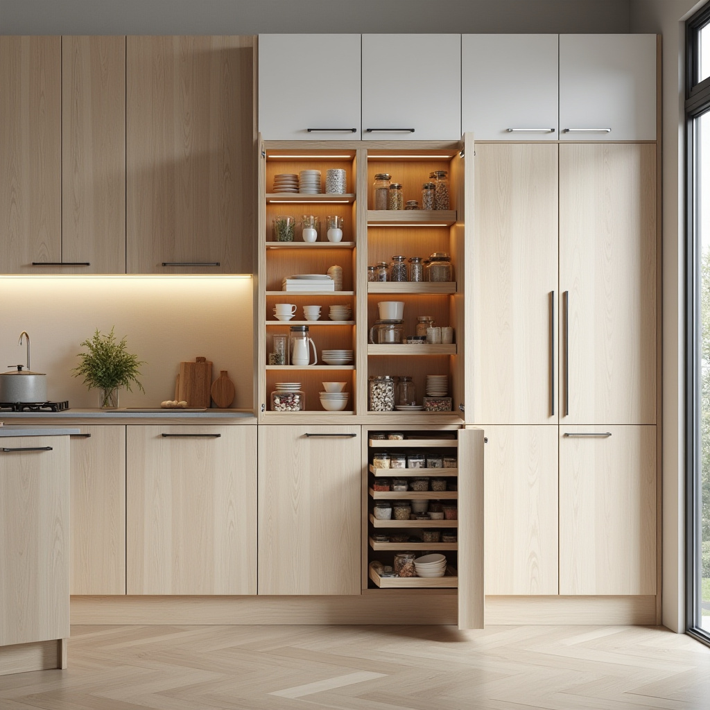 Scandinavian kitchen cabinets with vertical pull-out pantry