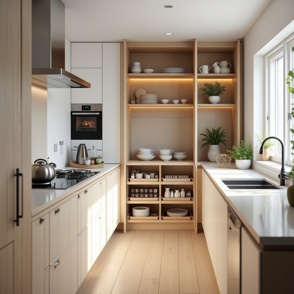 Corner carousel storage in Scandinavian kitchen