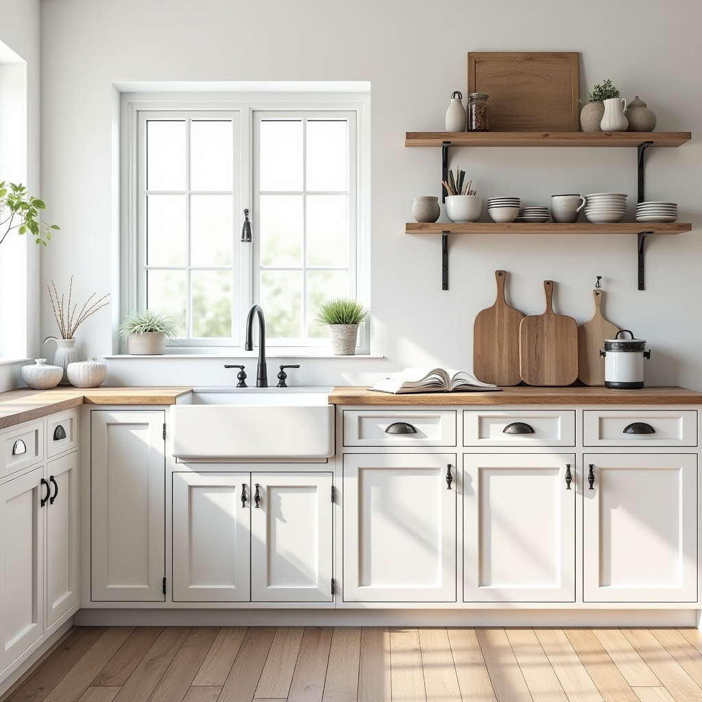 Open shelving and wooden countertops in farmhouse kitchen