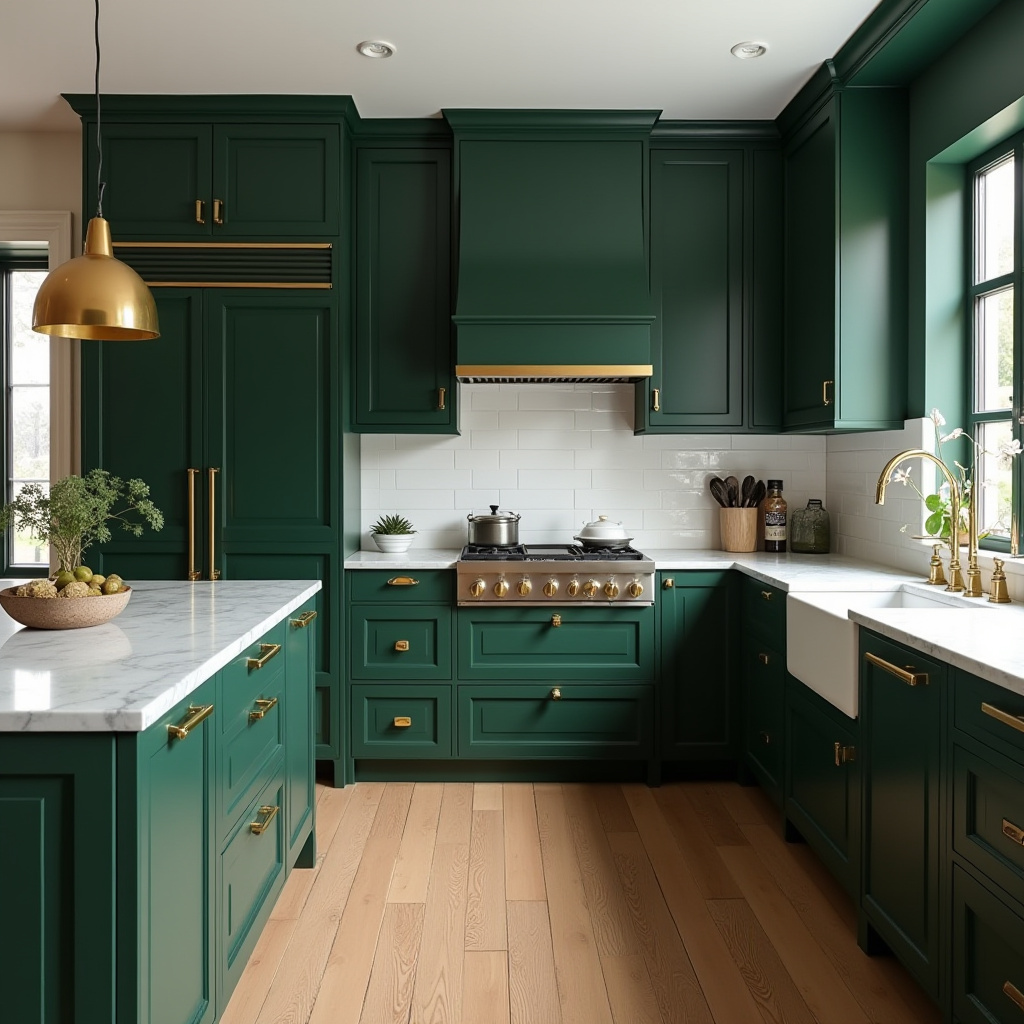Scandinavian kitchen cabinets in deep forest green