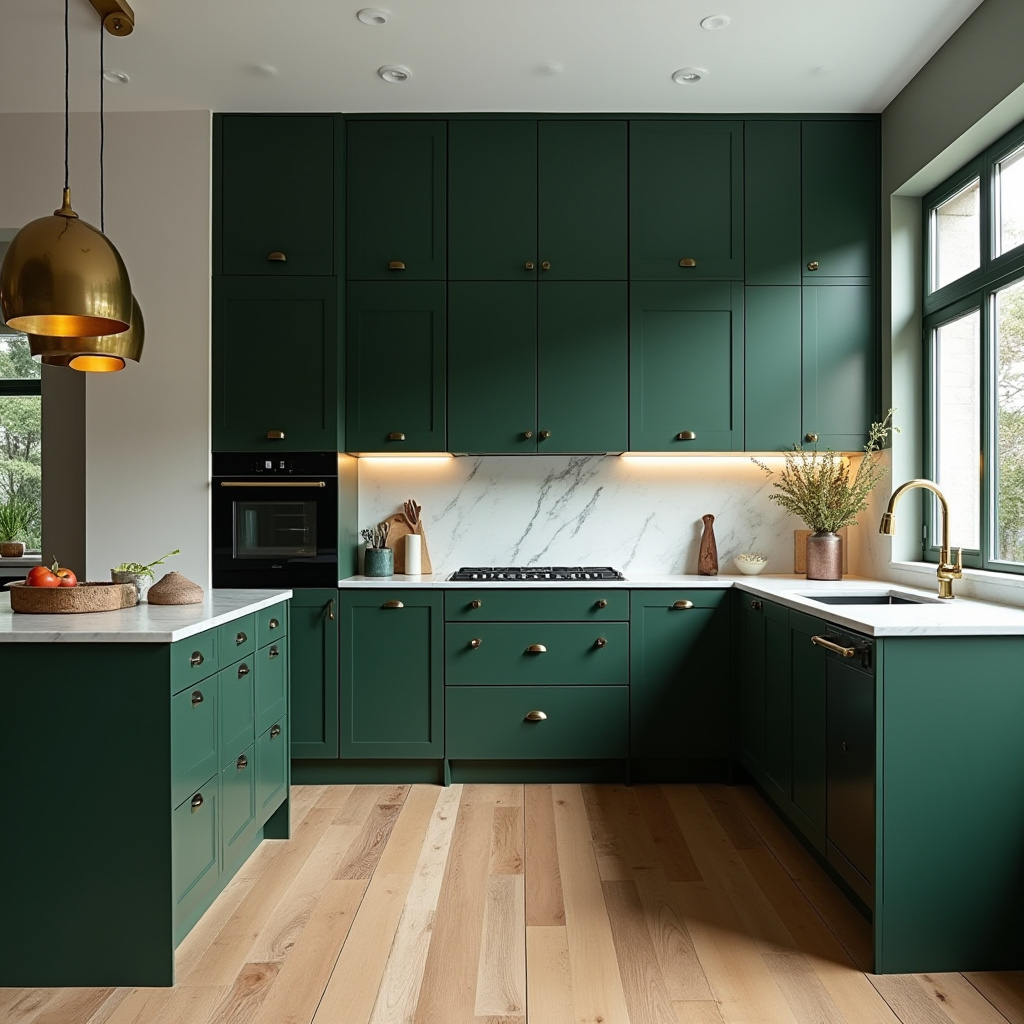 Open-plan kitchen with forest green cabinets and marble countertops