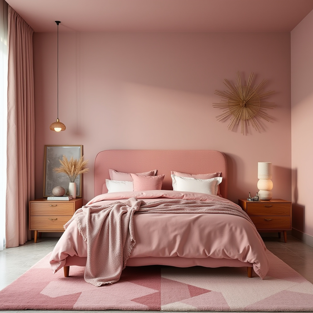 mid-century modern dusky pink bedroom