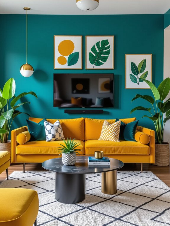 living room with bold colorful wall