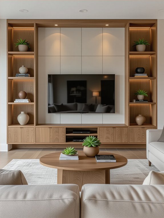 built-in shelving around TV