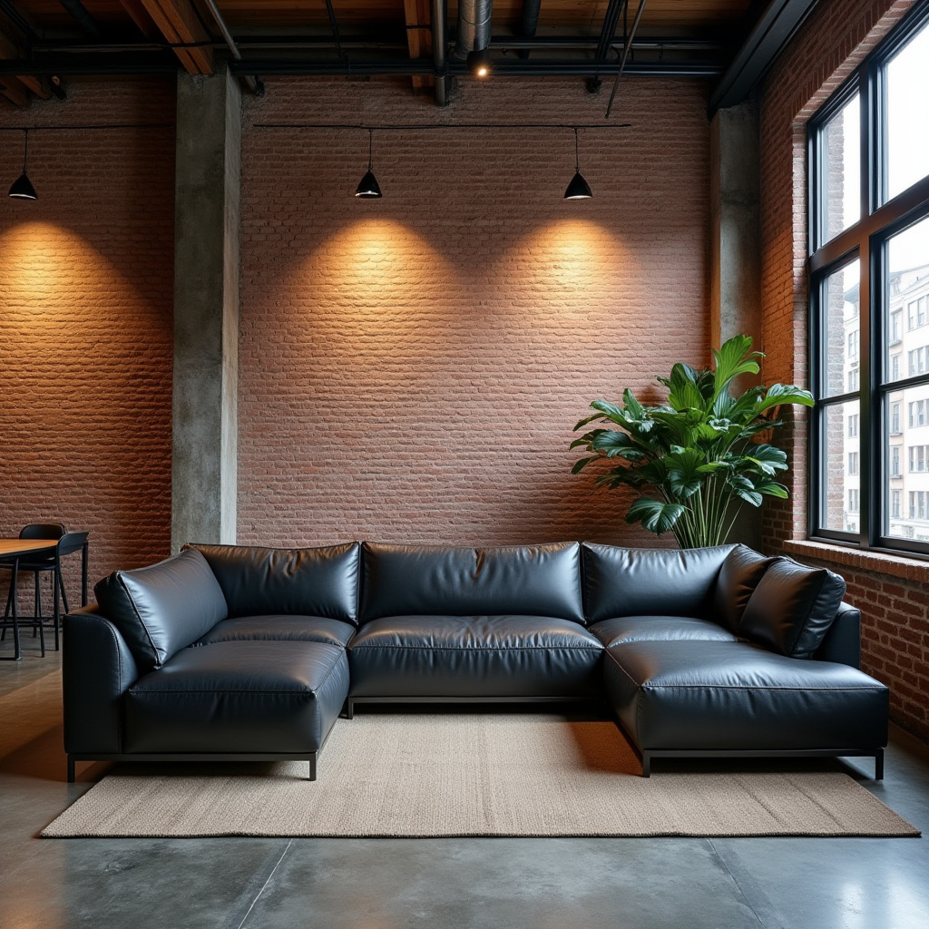 industrial loft living room with central leather sofa