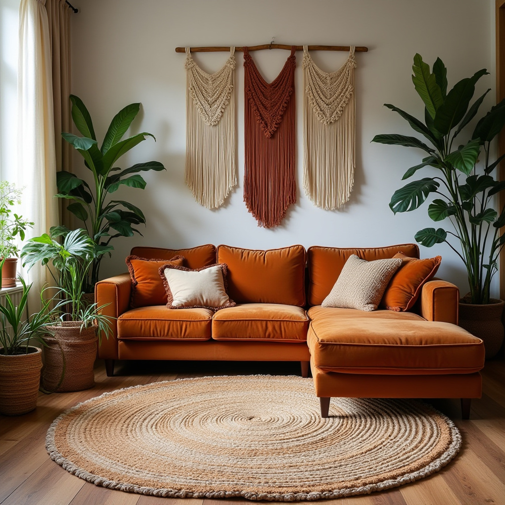 bohemian living room with terracotta velvet sofa