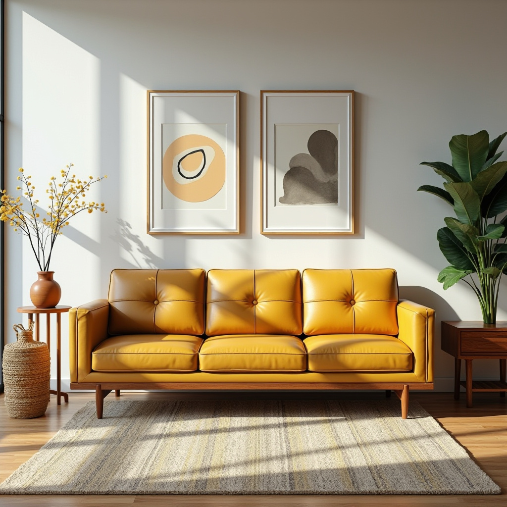 mid-century modern living room with mustard leather sofa
