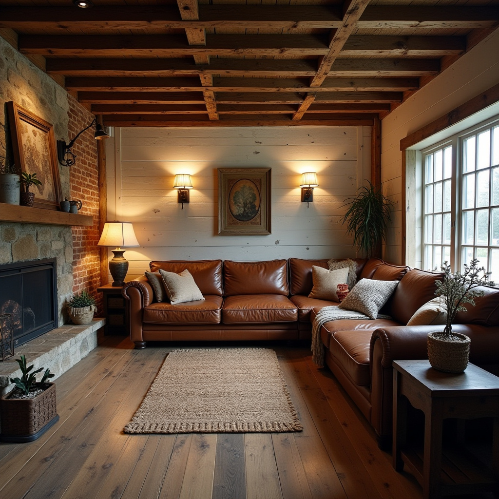 rustic farmhouse living room with brown leather sofa