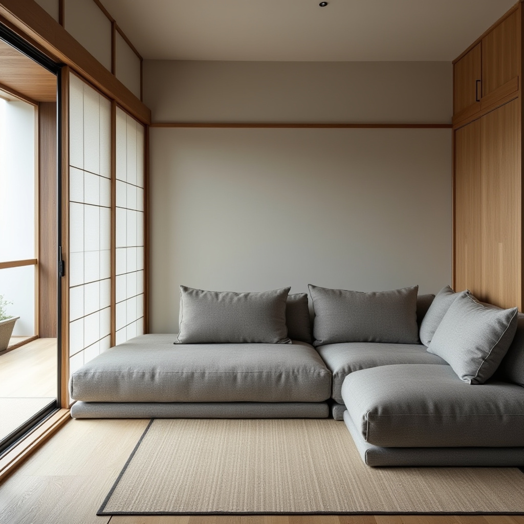 Japanese minimalist living room with grey wool sofa