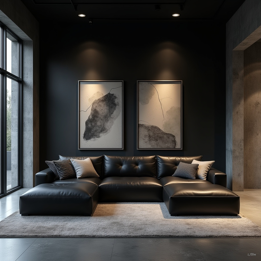 urban contemporary living room with black leather sofa