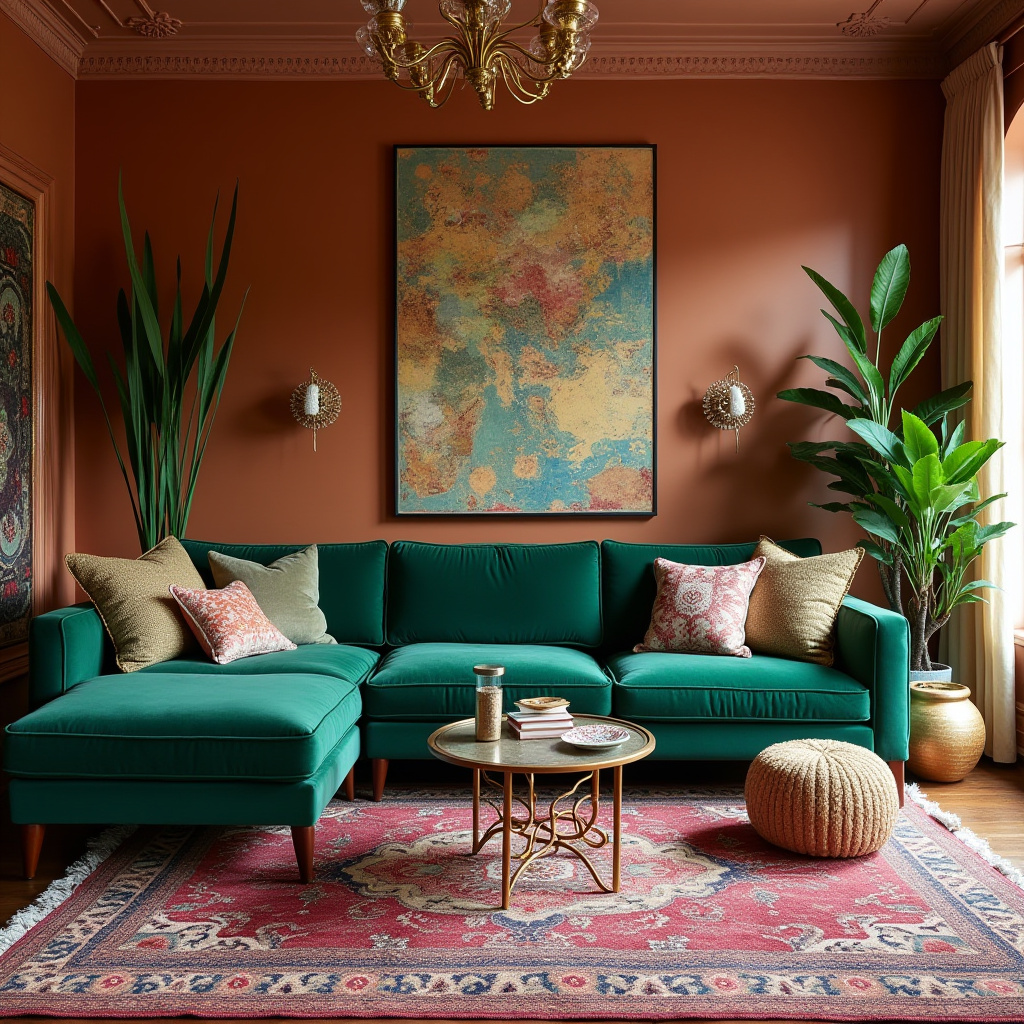 eclectic living room with emerald green velvet sofa