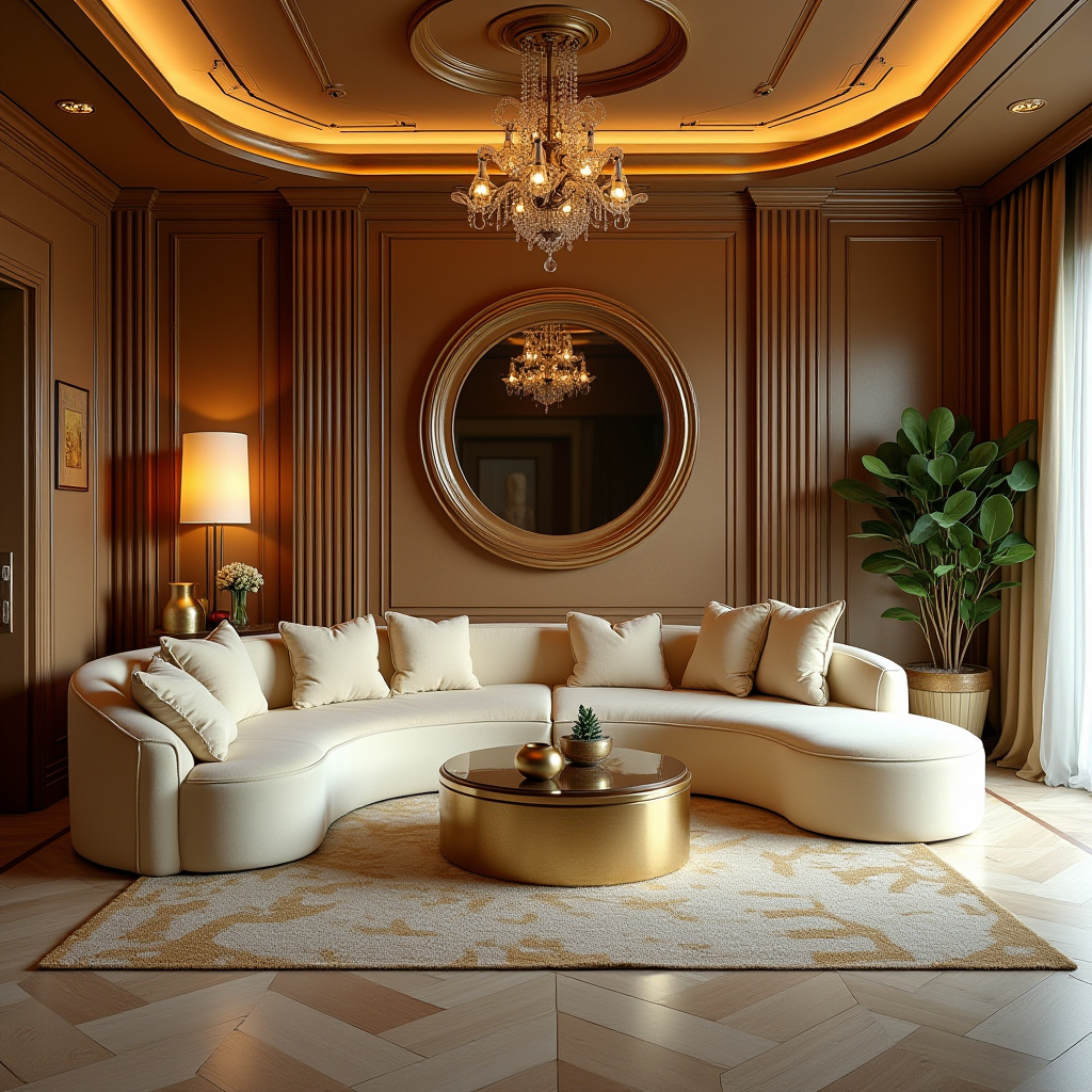 art deco living room with cream velvet sofa