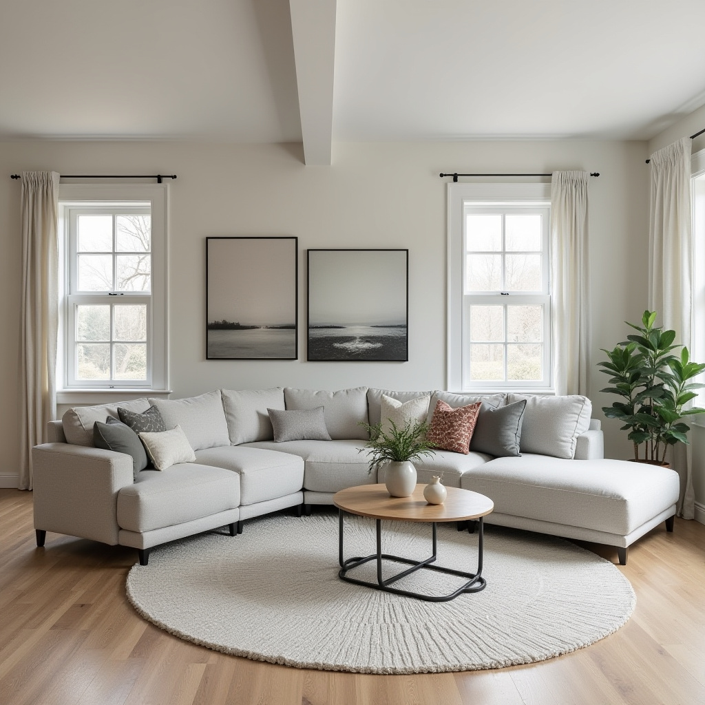 transitional living room with grey fabric sofa