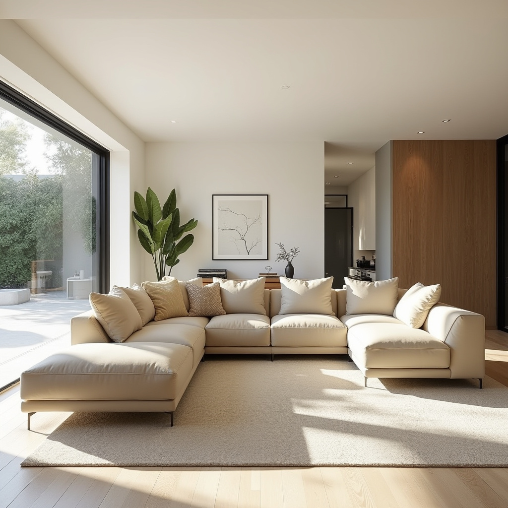 Californian living room with beige leather sofa