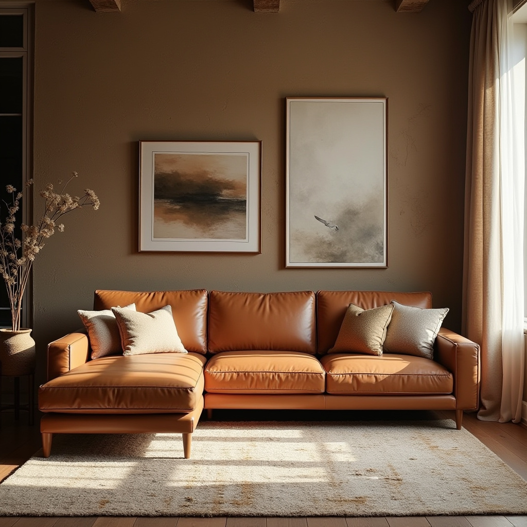 warm contemporary living room with caramel leather sofa