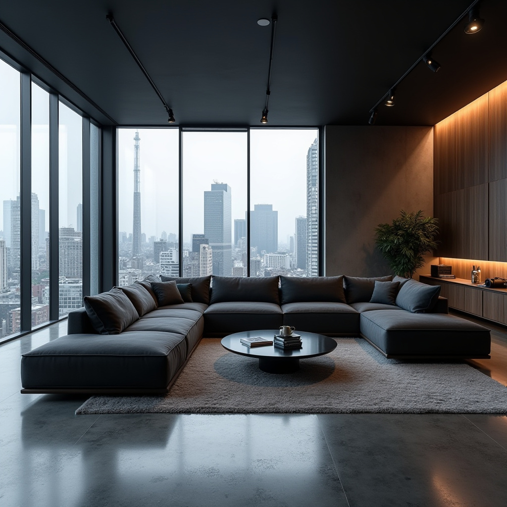 urban contemporary living room with dark grey sofa