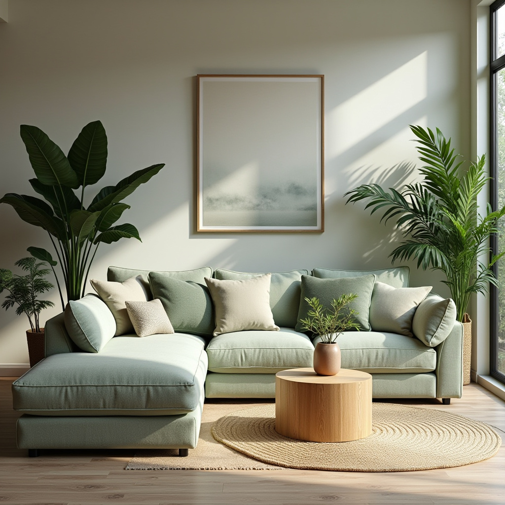 organic modern living room with sage green sofa