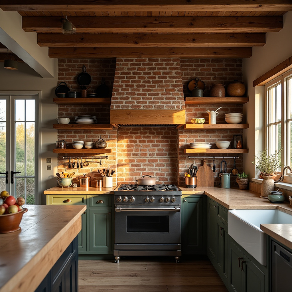 Rustic kitchen with brick chimney and wooden shelves