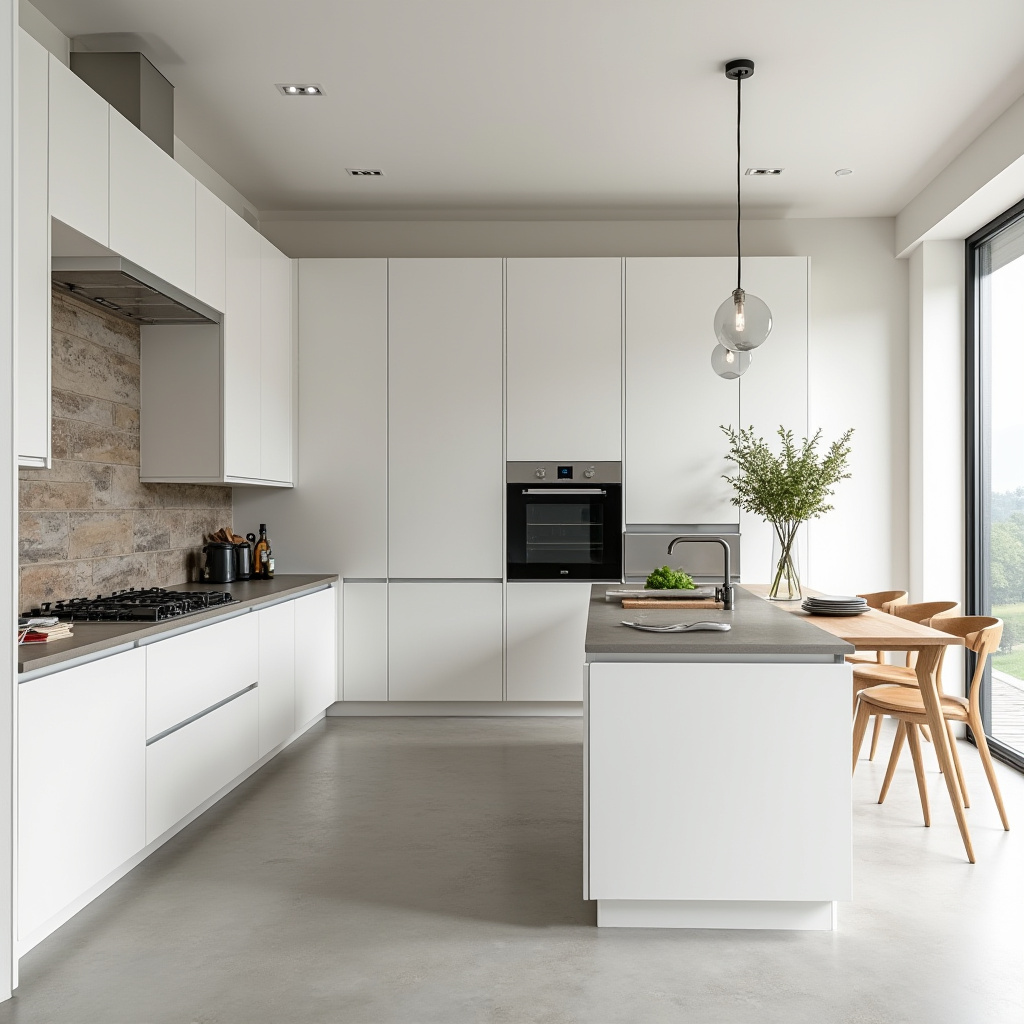 Minimalist kitchen with stone chimney and white cabinetry