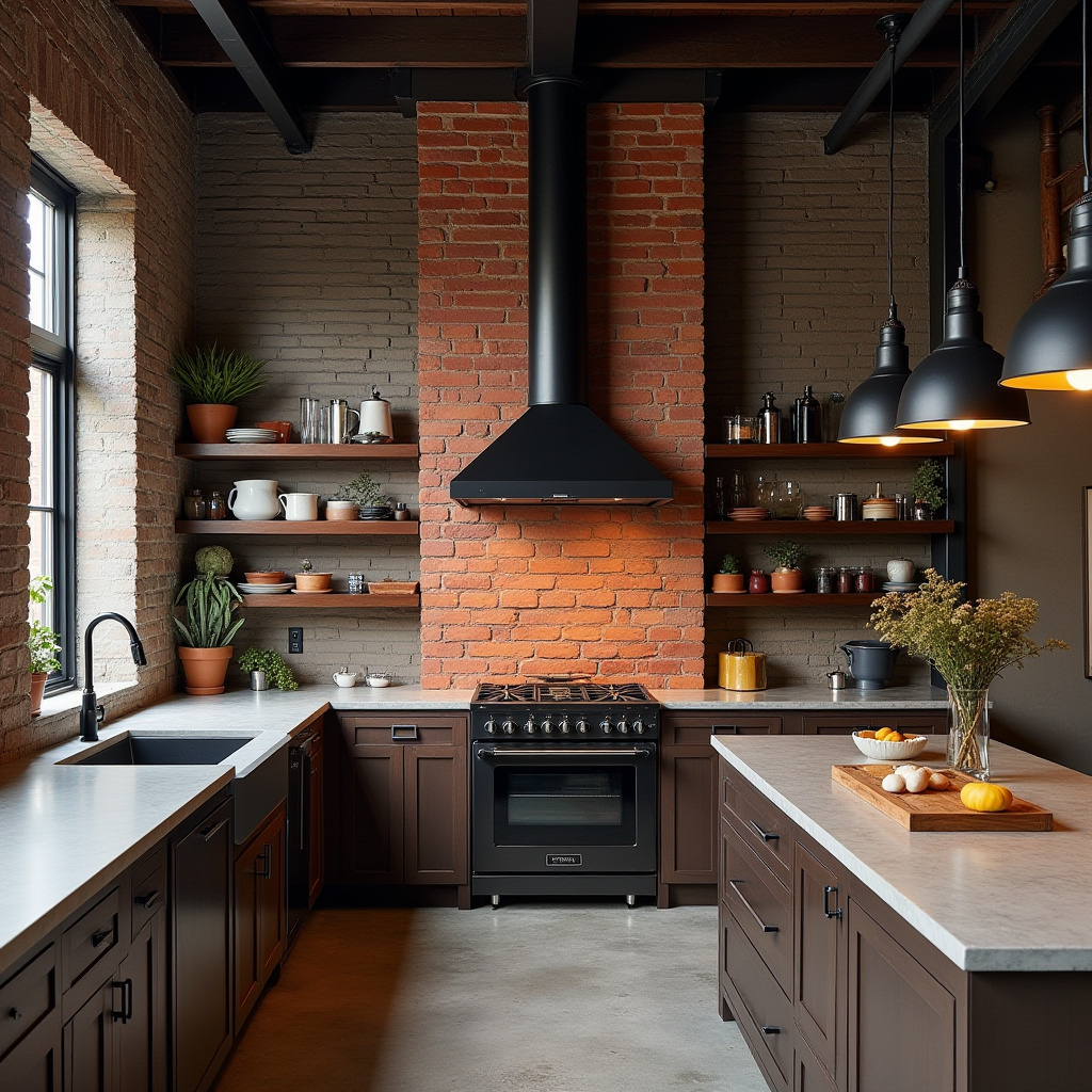 Industrial kitchen with red brick chimney and concrete countertops