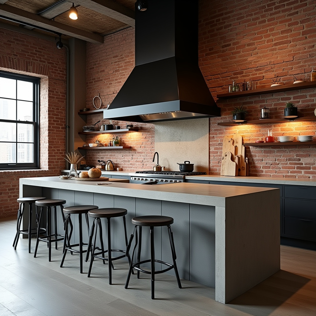 Industrial kitchen with metal hood and reclaimed wood wall