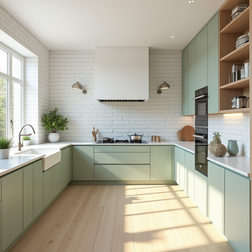 Scandinavian kitchen with white brick chimney and sage cabinetry
