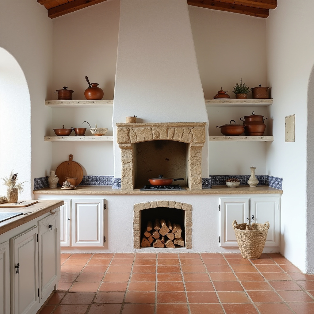 Mediterranean kitchen with terracotta tiles and stone chimney