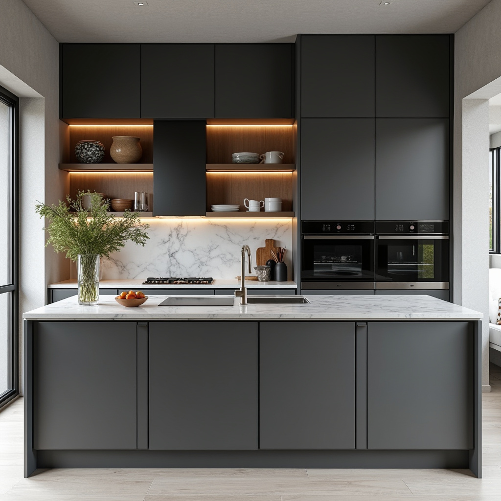 Modern small kitchen with marble backsplash and compact island