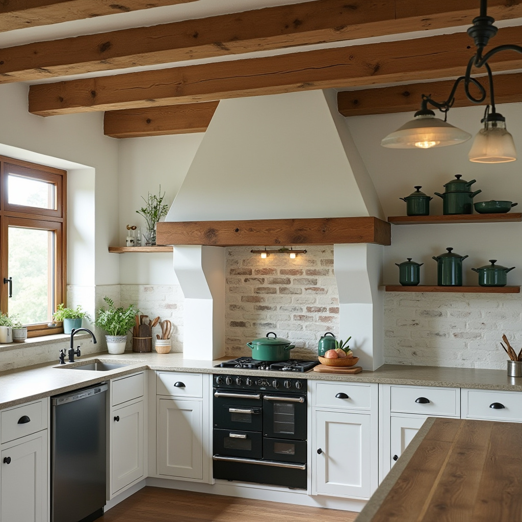 Rustic modern kitchen with wood beams and white brick chimney