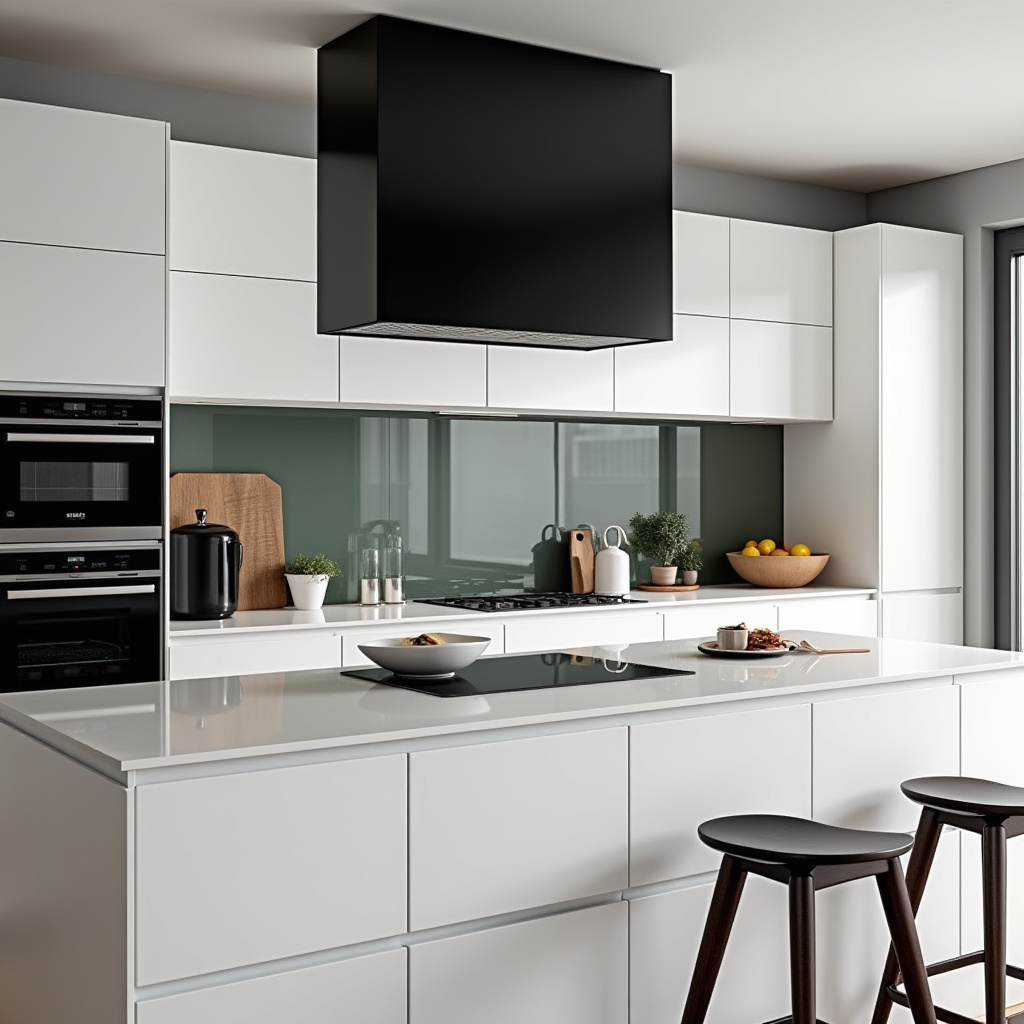 Modern kitchen with glass backsplash and minimalist stools