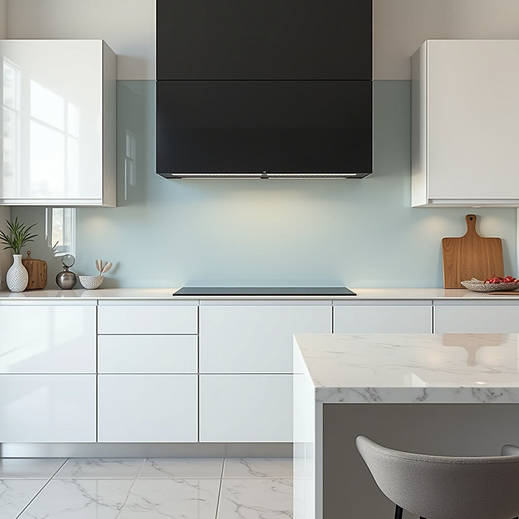 Contemporary kitchen with black chimney hood and high-gloss cabinetry
