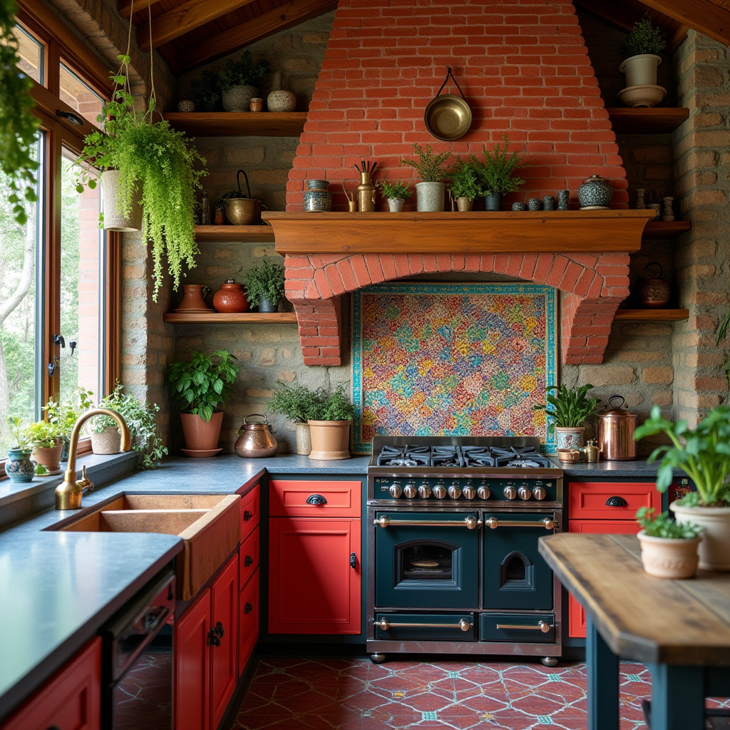 Bohemian kitchen with red brick chimney and colorful tiles