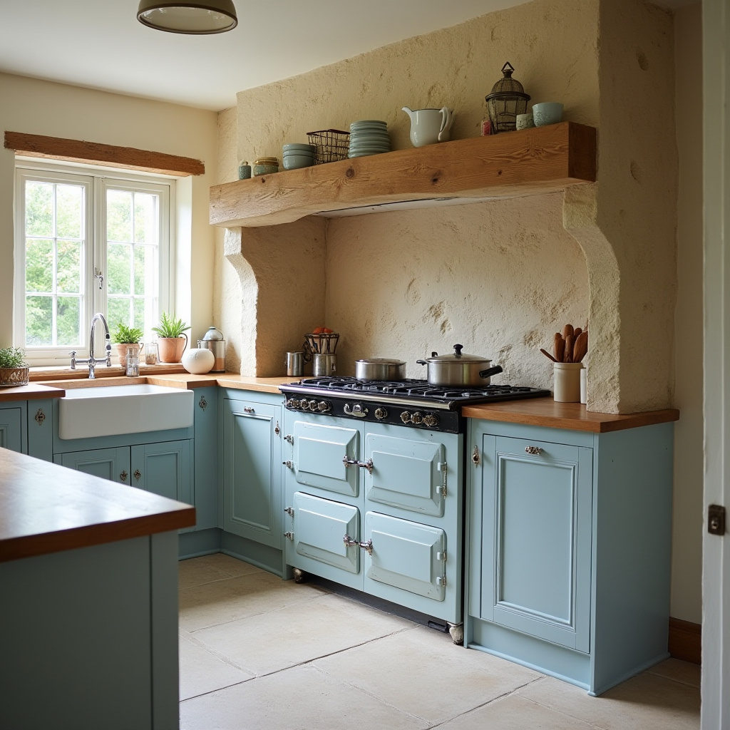 English cottage kitchen with cream stone chimney and wooden beams