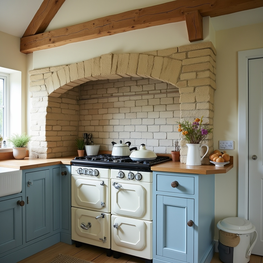 Cozy kitchen with soft blue cabinetry and ceramic sink